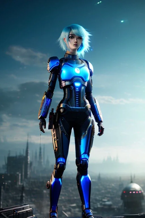 Smirking Cyborg anime assassin, light blue hair, blue eyes, waist up portrait, 8k resolution, intricate details, ornate details, soft lighting, vibrant colors, retroanime, masterpiece, intricate eyeliner, dark eyeshadow, eyes, intricate tattoos, futuristic cityscape background