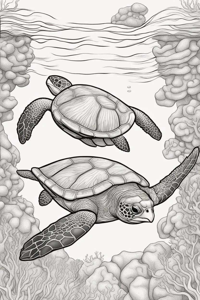 STRESS RELIEF themed coloring page for adult, cartoon style, thick outline, low details, no shading, no color, A serene underwater world with gliding sea turtles and coral