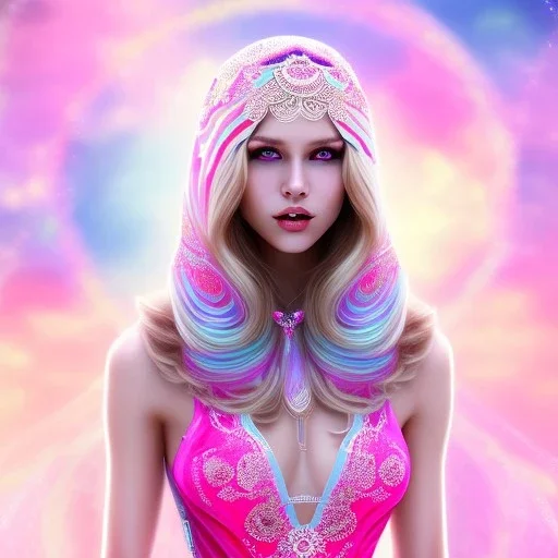 beautiful, soft, smiling face, whole head, long straight blonde hair blues eyes, crown on the head, clothing in transparent bluish and pink veil, background brillante bluish and pink, hight definition, 8K