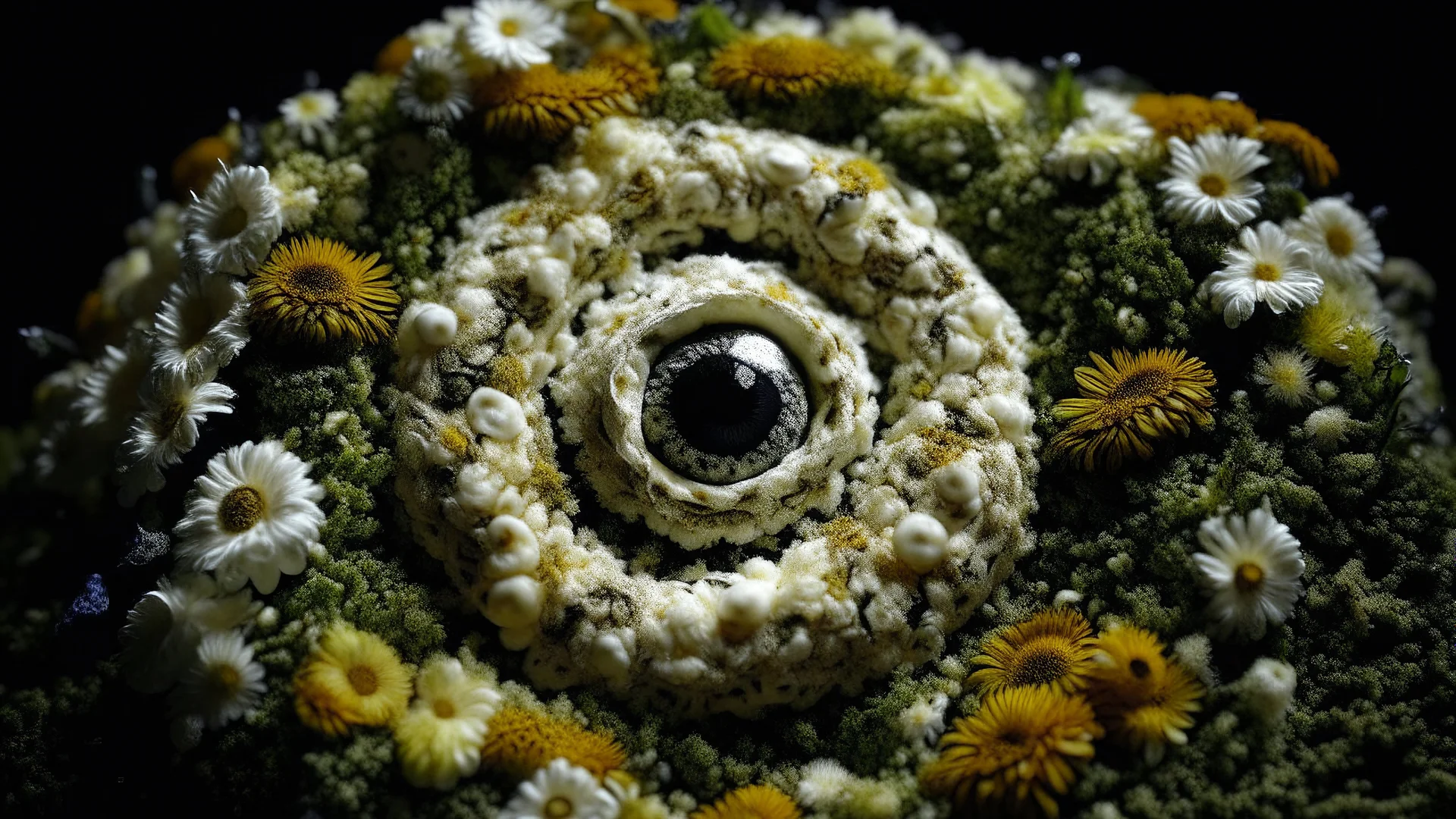 the eye of Sauron made out of many smal white flowers