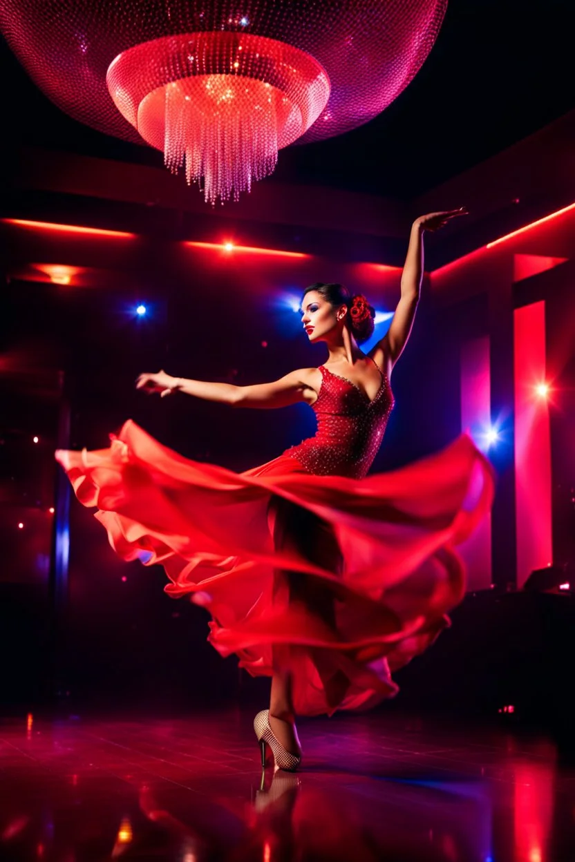 a beautiful spanish dancer dancing in luxury night club with dynamic lights