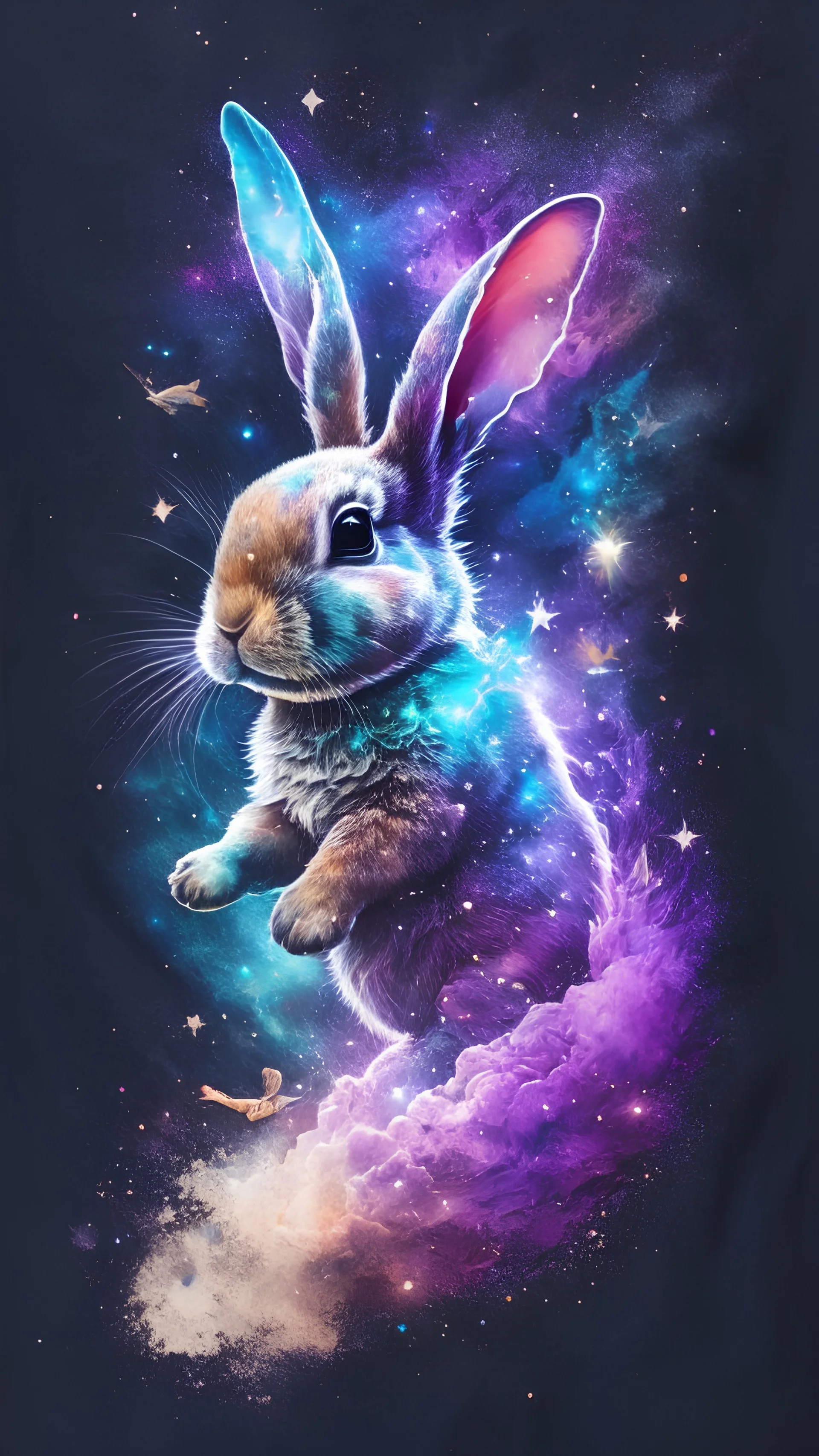 A cute bunny wizard ascending from his physical body into an astral body in the astral plane, 8k, photorealistic ink and watercolor, splash, distressed texture, vector art, t-shirt design, professional