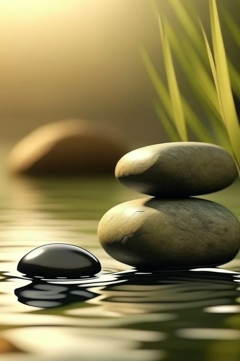 delicate background with spa stones and a bamboo stem, on a blurred background on the stones, abstract silhouette meditation, photorealistic photo