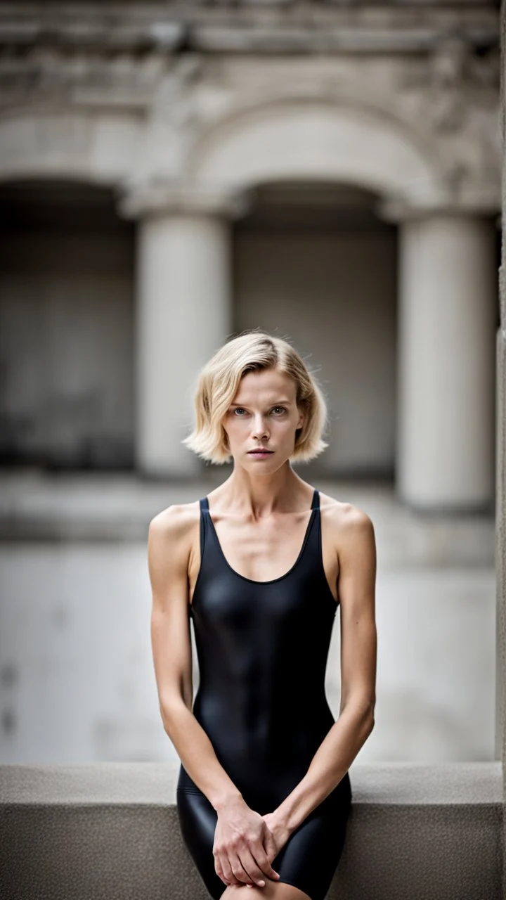 beautiful anorexic woman, total shot, short shiny black triathlon swimsuit, short blond wavy bob hair, blurred concrete background