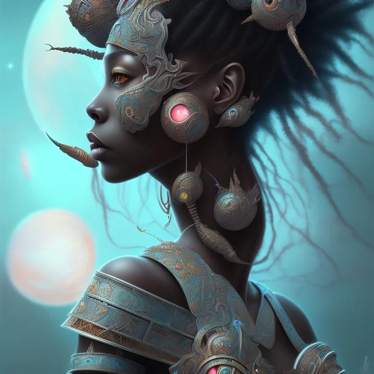 sango fantasy, fantasy magic, intricate, sharp focus, illustration, highly detailed, digital painting, concept art, matte, masterpiece head sexy view black African beauty black afro hair space lady turquoise carp skin African space landslide