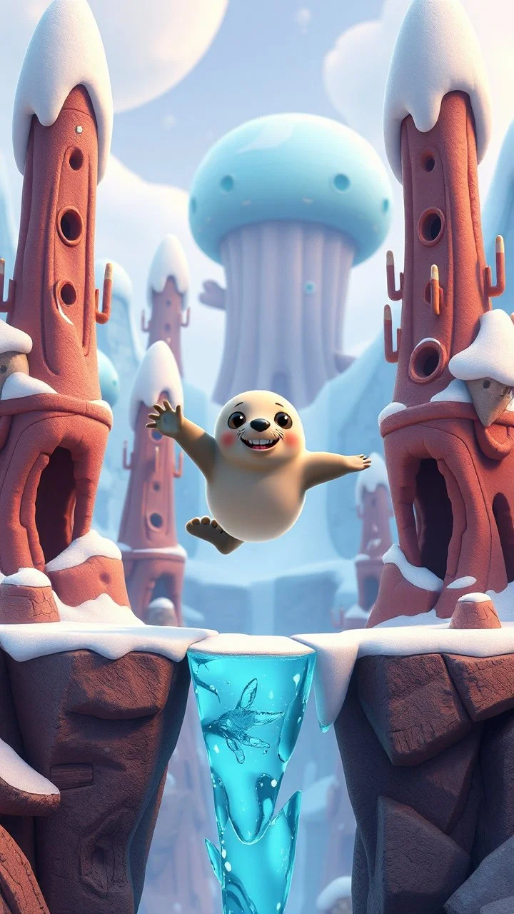 seal character jumping through 2d platformer with frozen artic jungle with weird alien towers gets torn apart under him, in the style of Pixar, expertly crafted in a whimsical and vibrant cartoon style. is masterfully rendered in a lifelike 3D design, which captivates viewers with there irresistible charm.