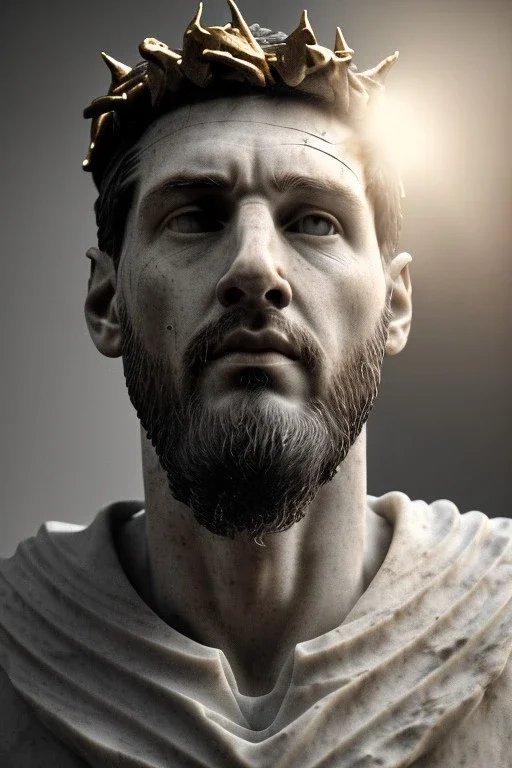 Ultra Realistic image, Roman sculpture, white marble material, Lionel Messi, gold crown of natural thorns, god crown, gold veins, Renaissance style, sun rays background, waist up portrait, epic, celestial, cinematic lighting, God lights, 4k resolution, smooth details, soft lighting, unreal engine 5, art station, substance 3d.