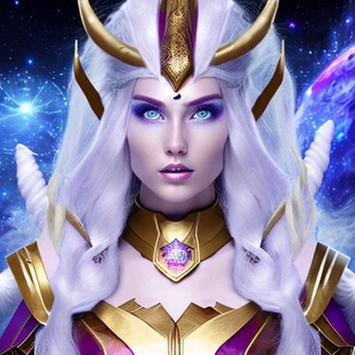 cosmic mage, elf, female, battle mage, epic, cosmic magic, long ears, white hair, face details, pale skin, jewellery, broad shoulders, sharp ears, cosmic clothes, cosmic eyes, ears shown, light out of eyes, the cosmos in eyes, stars in eyes, shining eyes, non human face, thin face, animation, detailed ears, magical eyes, non realistic