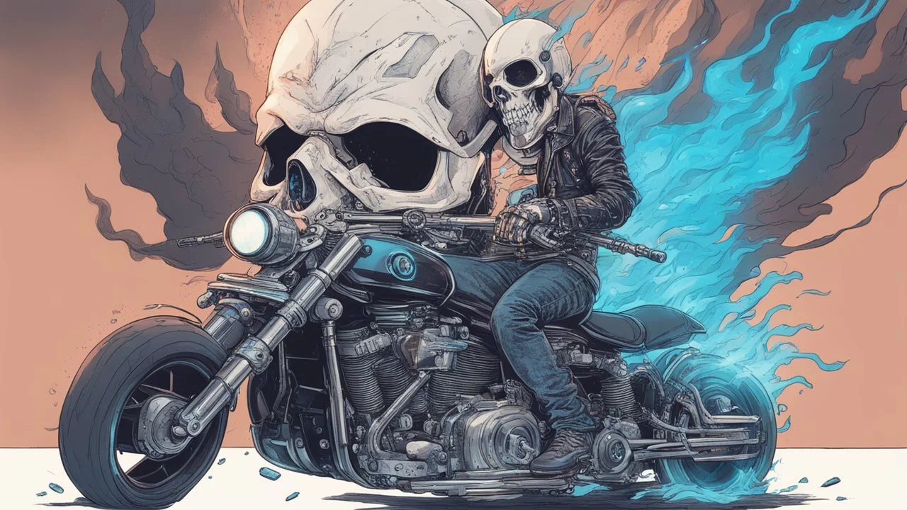 ghost rider in style cyberpunk with Robot Skull and blue fire come out from it