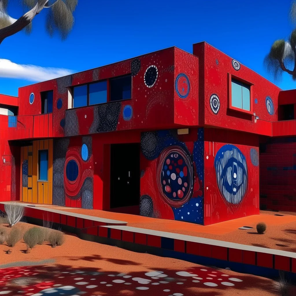 A dark red facility with acid pools designed in Australian aboriginal art painted by Wassily Kandinsky