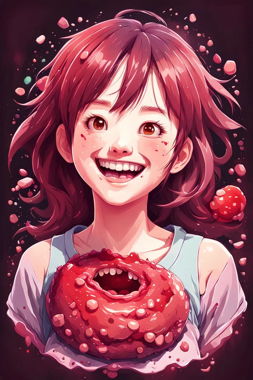 A detailed illustration Anime girl smiling crushed inside really darkred fleshy stomach filled with digestive juices, t-shirt design, in the style of Studio Ghibli, pastel tetradic colors, 3D vector art, cute and quirky, fantasy art, watercolor effect, bokeh, Adobe Illustrator, hand-drawn, digital painting, low-poly, soft lighting, bird's-eye view, isometric style, retro aesthetic, focused on the character, 4K resolution, photorealistic rendering, using Cinema 4D, vector logo, vector art,