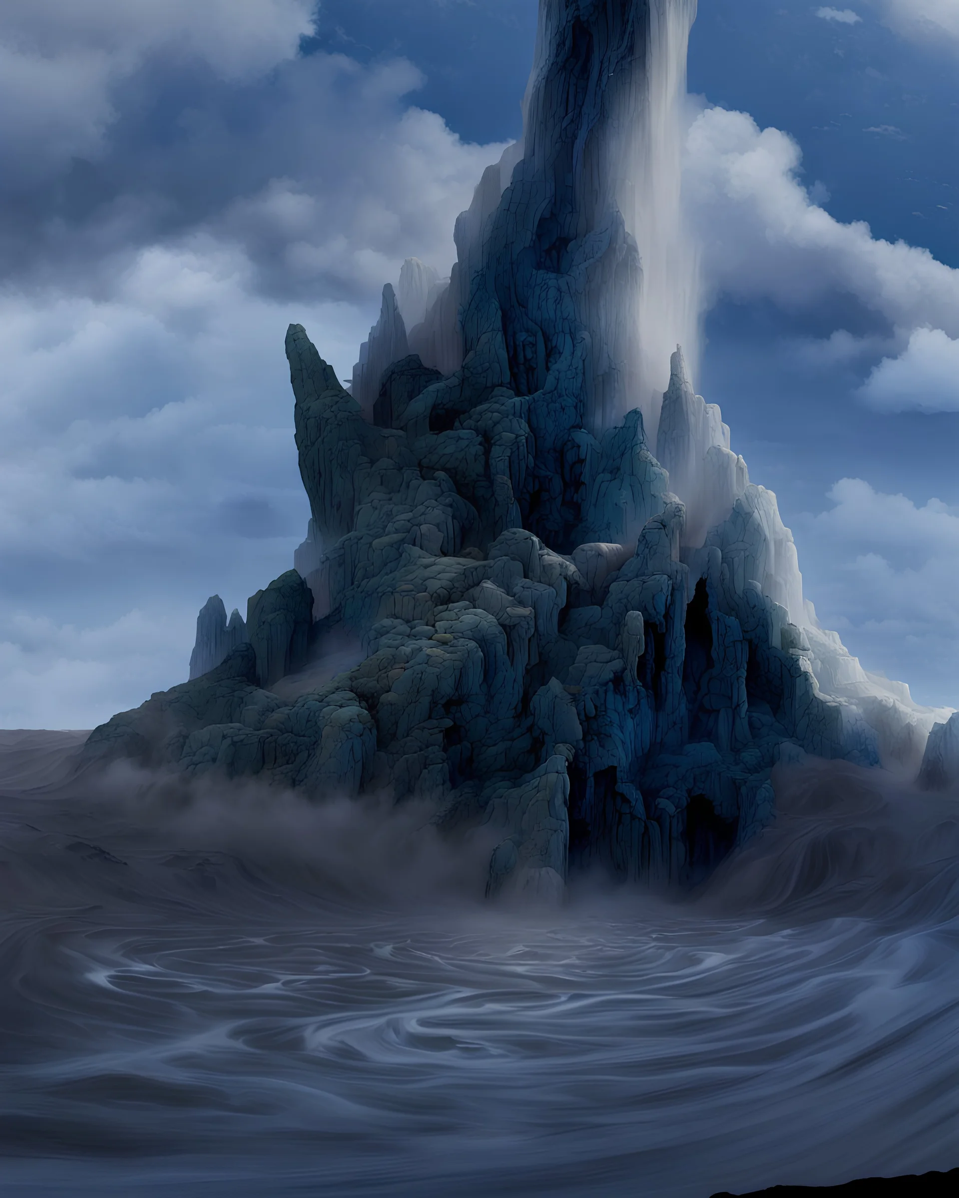ocean water pours into the hollow base of a stone tree