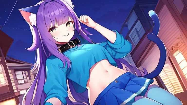 Girl ,purple hair, cat ears, cat tail, blue skirt, open navel, short green shirt, night in town ,with tongue out, collar on neck, sit