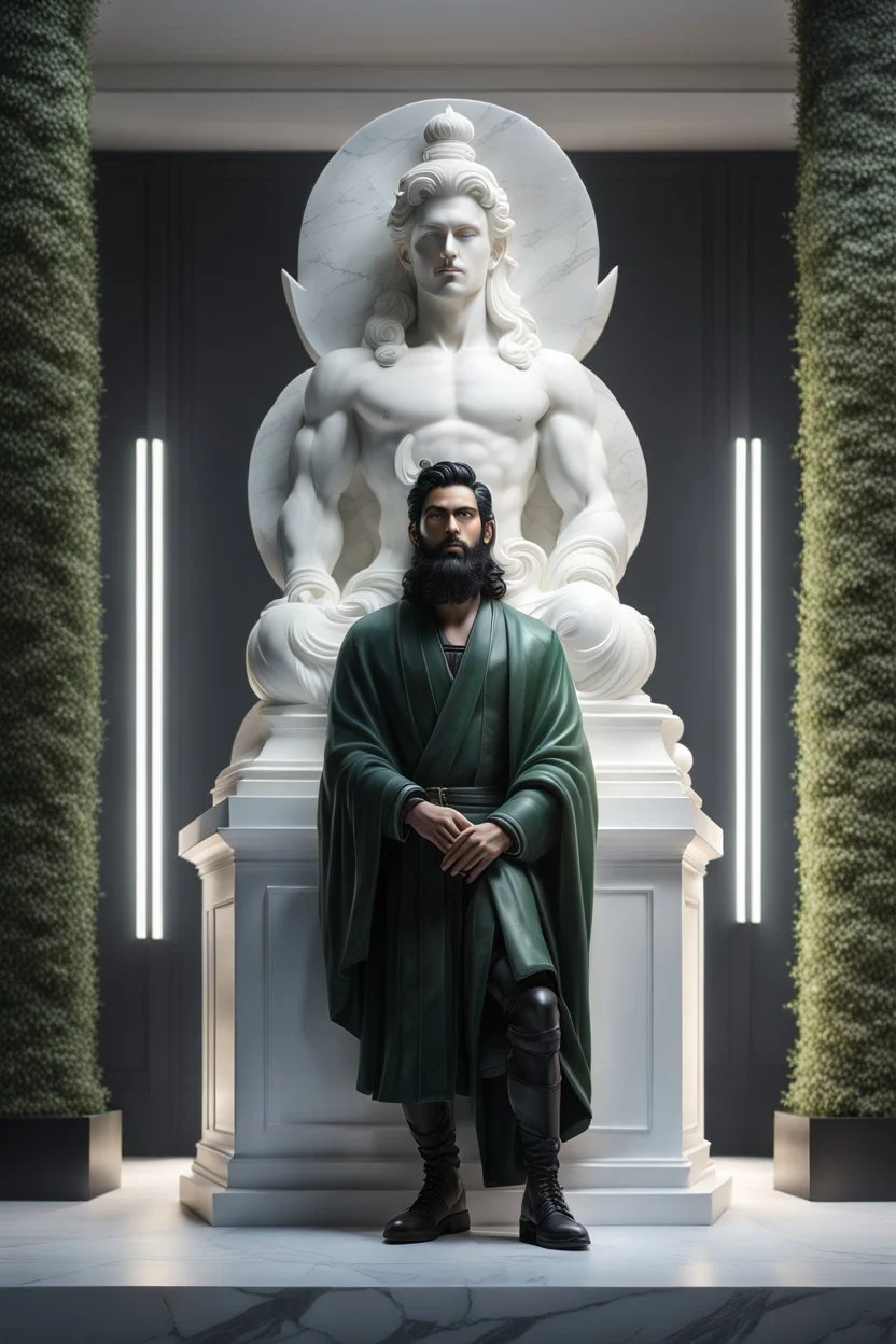 highly detailed marble and jade statue on a plint of a young man. long black hair and short beard, marble skin, full body shot, invisible gloves, , volumetric fog, Hyperrealism, breathtaking, ultra realistic, unreal engine, ultra detailed, cyber background, Hyperrealism, cinematic lighting, highly detailed, breathtaking, stunning environment