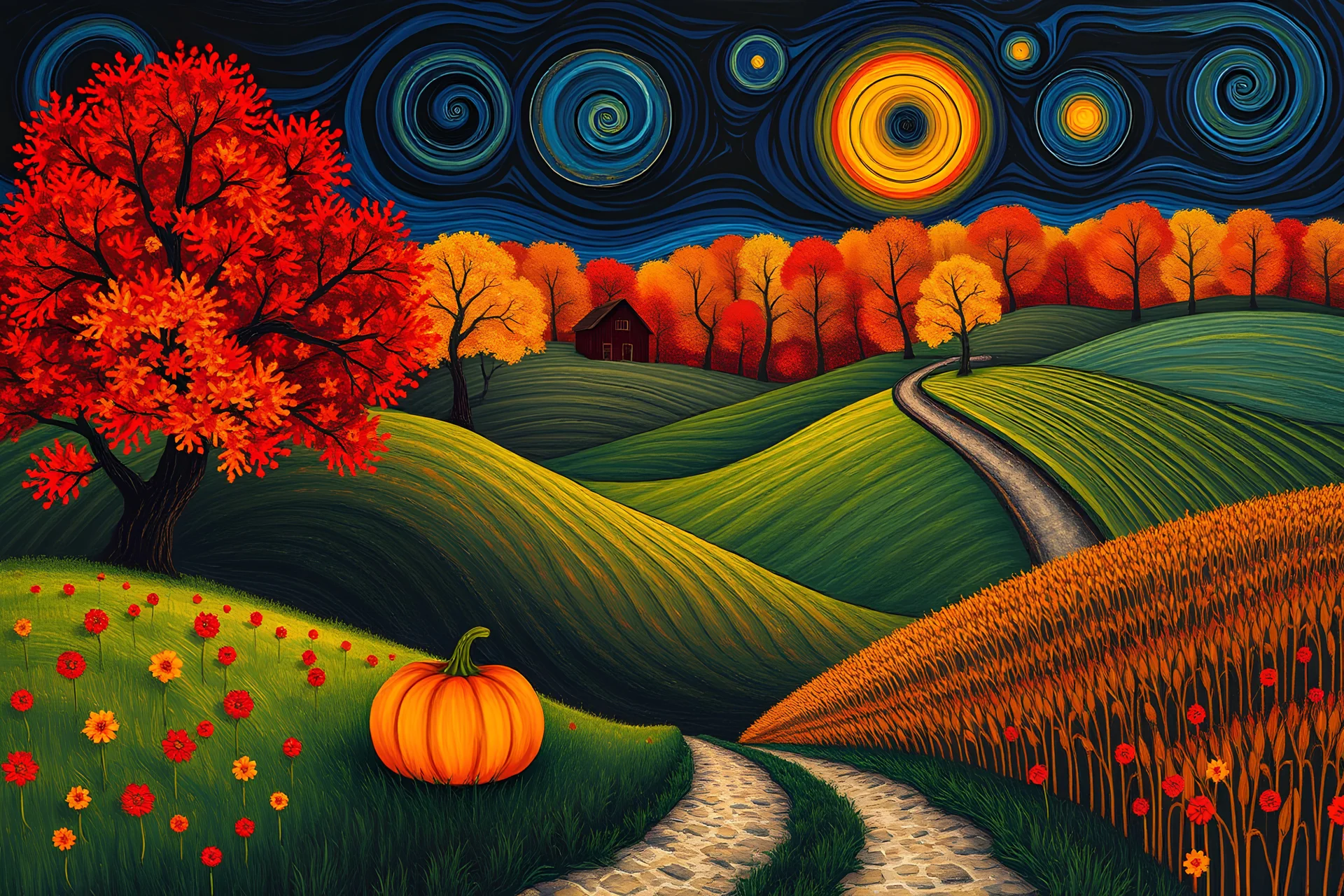 Autumn hills, painting, Gustav Klimt style, one pumpkin, fall, Van Gogh, whimsical, swirls, night, maple trees, red barn, dark, forrest, red, orange, corn field, the , colorful, dreamy, New England, old path,