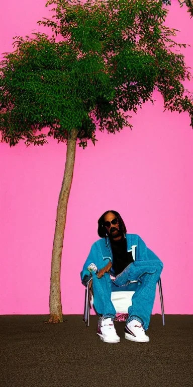 Snoop dogg, sitting. a chair. pink houses, pink sky, pink smoke, trees, outdoors. Groove street. 28mm