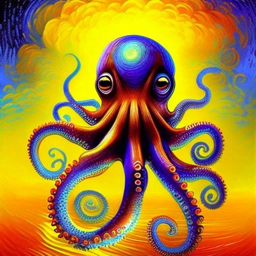 Dibujo al oleo de un pulpo con nubes de colores estilo Vincent van Gogh