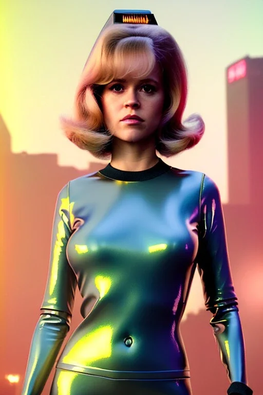 Ultra Realistic retro sci-fi portrait New York image from 1960, many spaceships, sweet young Jane Fonda, tight latex suit, weapon, fighting stance, soft color, highly detailed, unreal engine 5, ray tracing, RTX, lumen lighting, ultra detail, volumetric lighting, 3d, finely drawn, high definition, high resolution.