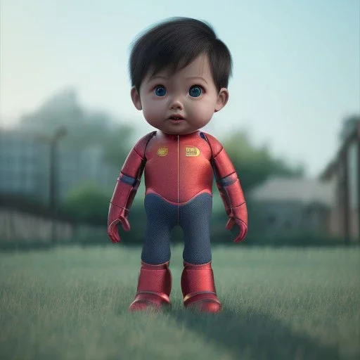 İron man toddler, real, full body, tokio background, dramatic lighting, hyper realistic, 8k