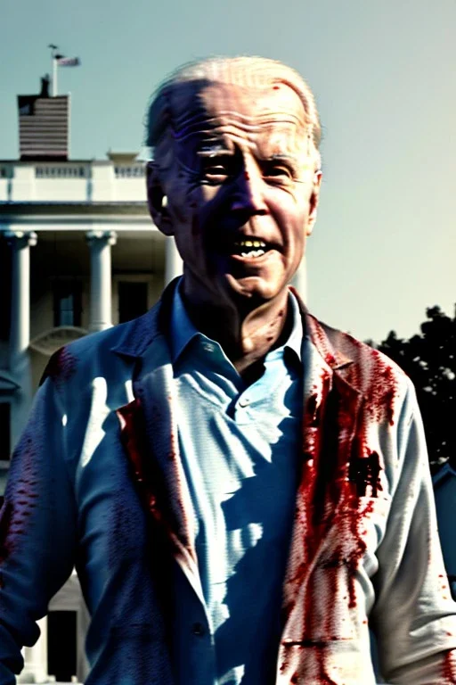 Ultra realistic image, joe biden zombie, zombie performance, blood, torn arm, night, walking twisted, waist up view, walking dead style, dark ambient, highly detailed, White House background, concept art, unreal engine 5, god rays, ray tracing, RTX, lumen lighting, ultra detail, volumetric lighting, 3d, finely drawn, high definition, high resolution.