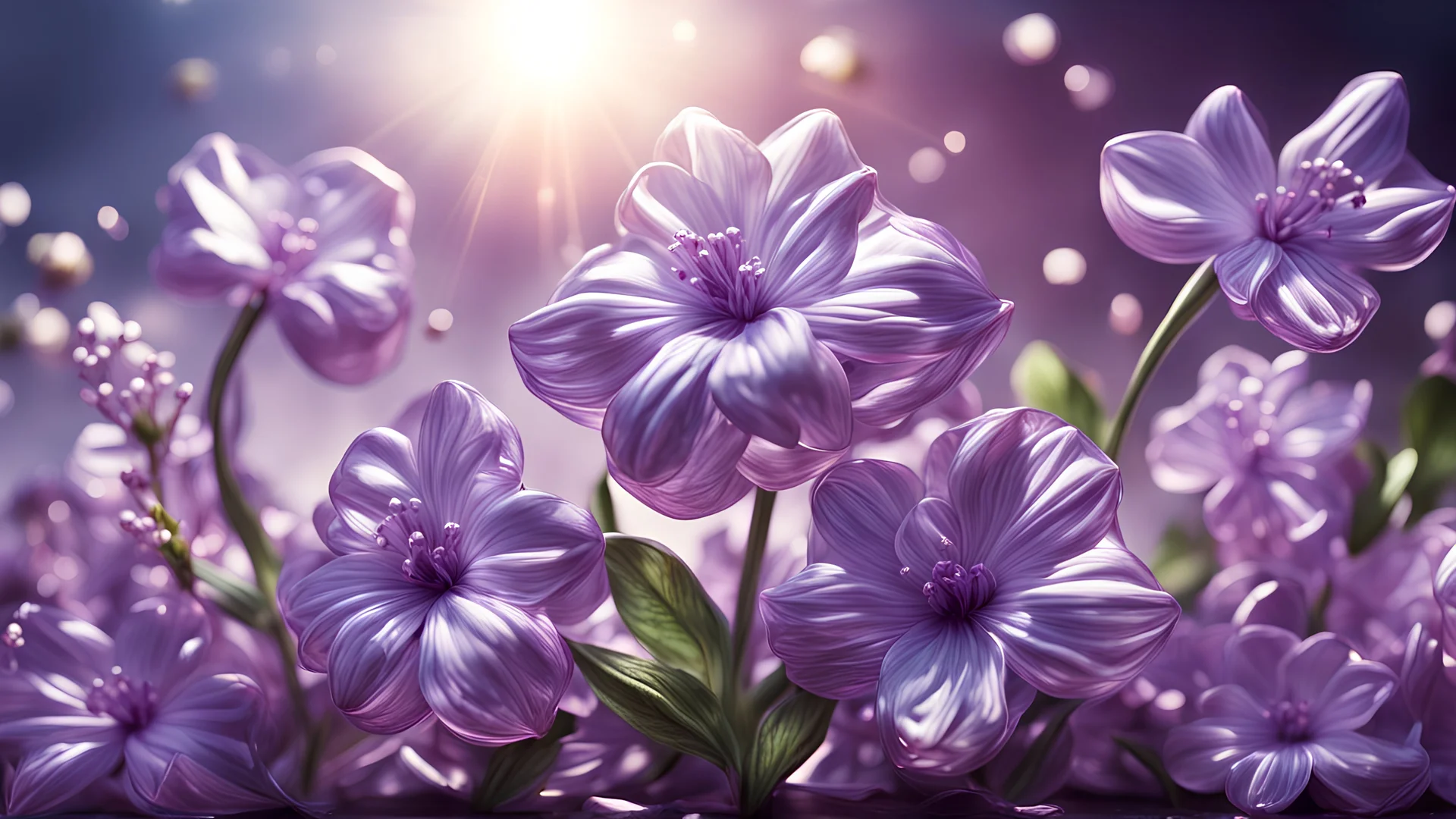 Surreal lilac glass flowers, ultra detailed, ultra realistic, extremely realistic, intricate, photorealistic, epic composition, masterpiece, beautiful landscape, sunlight. space background