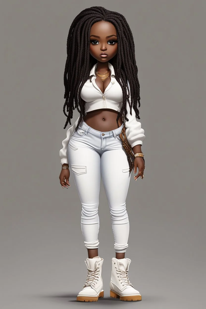 create a digital image of a plus size chibi dark skinned Black female wearing a white jean outfit with timberland boots. Prominent make up with brown eyes. Highly detailed dread locs 2k