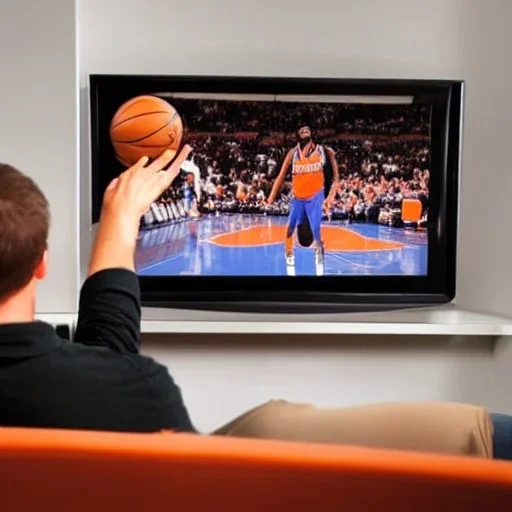 a man watching the New York Knicks on a very small television