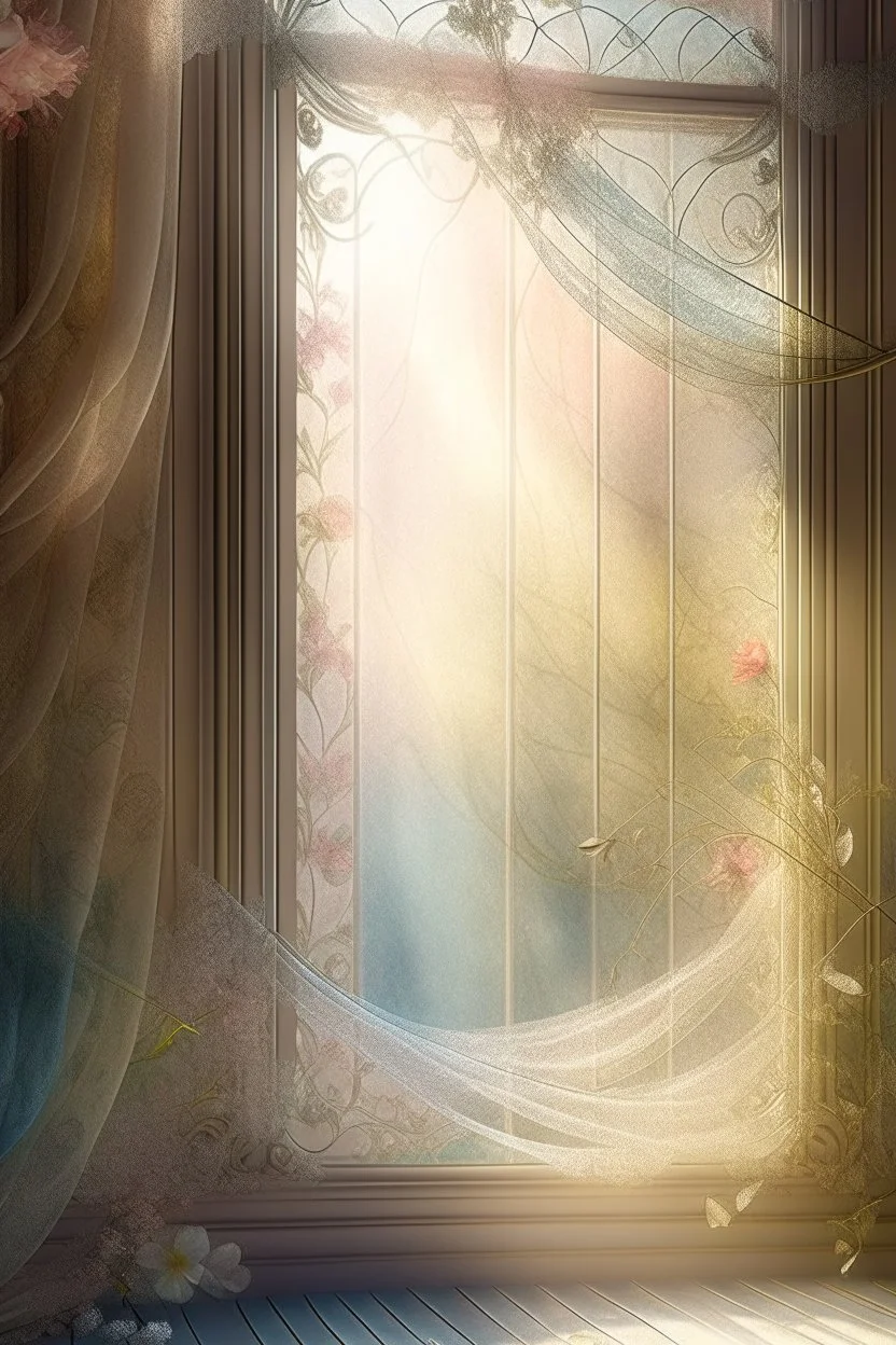 Shabby chic style, transparent tulle on the windows, light botanical, detail, airbrushing, drawing with fine strokes, fantasy, floral tenderness, glass, digital art, sun rays, glare, splashes, pastel tones, sparks, lights, Pixel expansion, many details, delicate sensuality, made of stone and glass, intracate details, lineout, mysticism, realistic, high quality, work of art, professional, filigree, pearl light mist