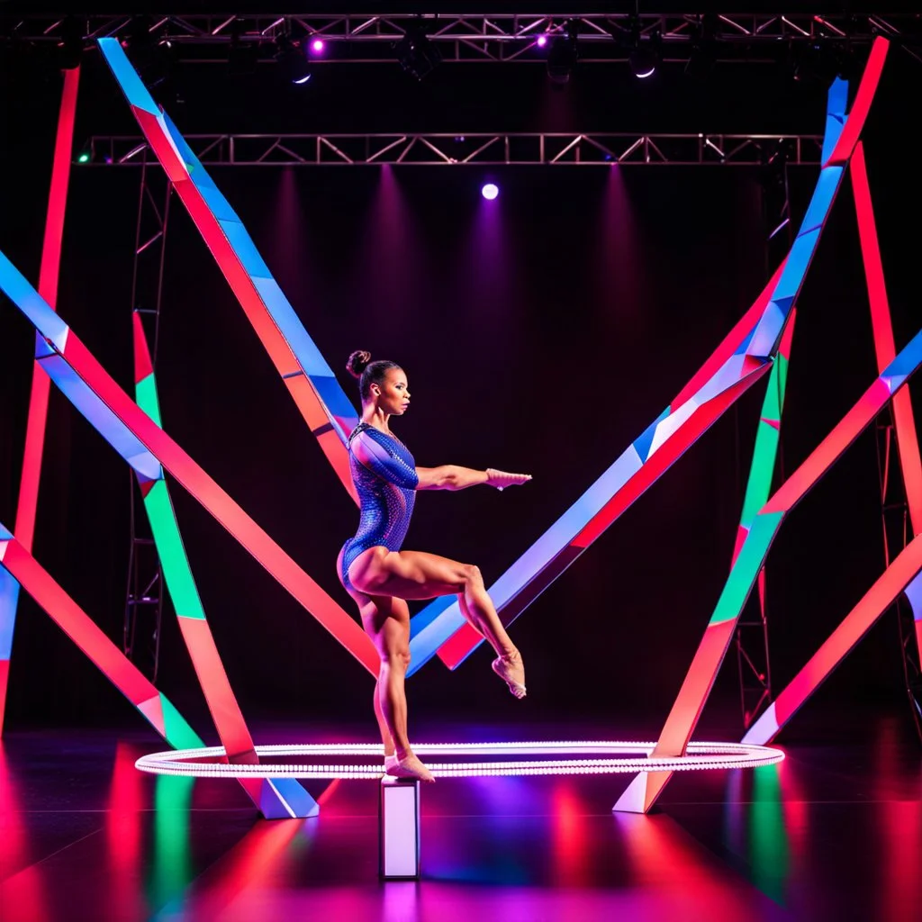 a picture of a gymnast lady show her performance on gymnast parallel barfix in a modern stage made of 3d geometric recursive structures and dynamic color lights