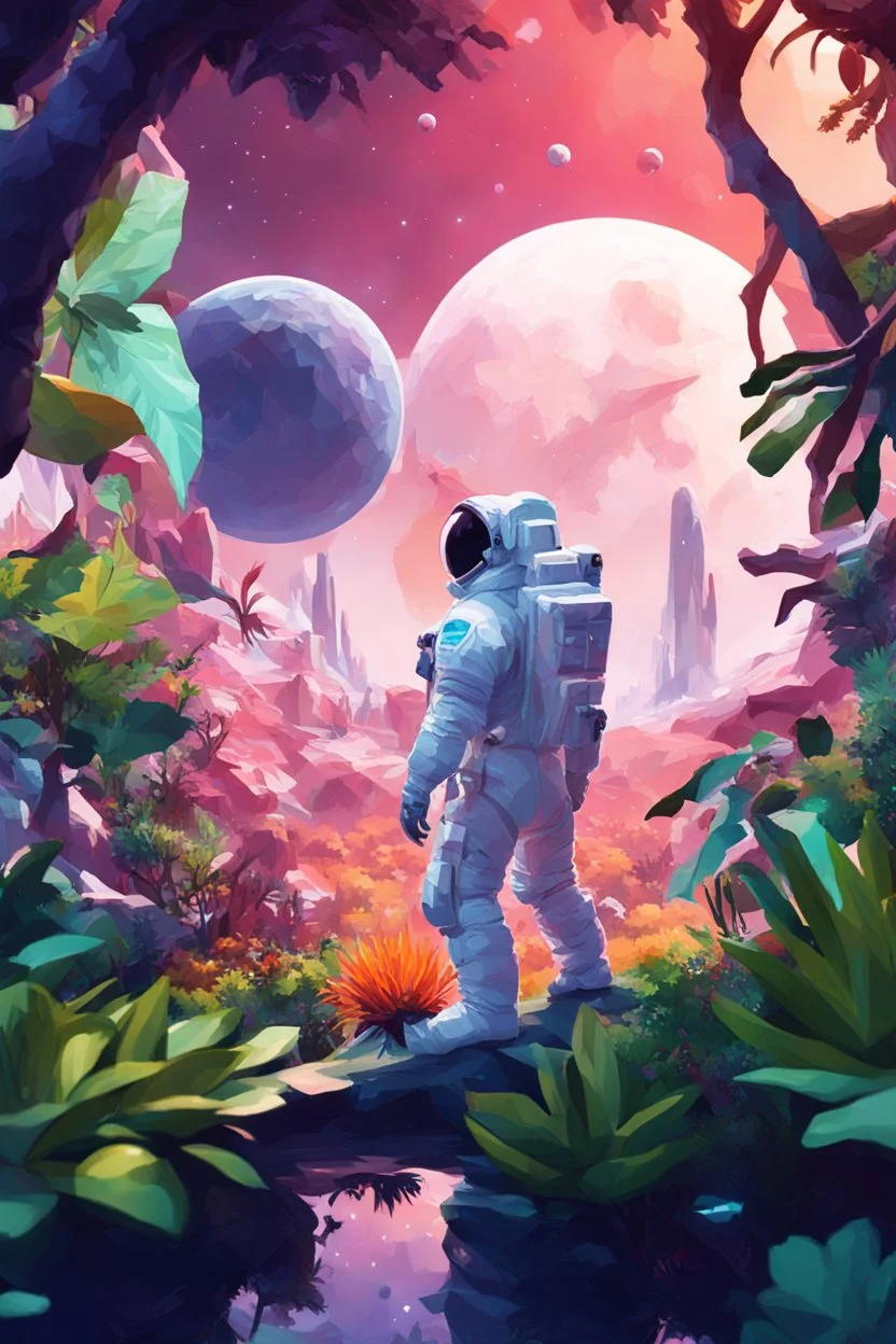 (((close midshot))), (((low poly art:2))), (astronaut), ultra-detailed illustration of an environment on a dangerous:1.2 exotic planet with plants and wild (animals:1.5), (vast open world), astronomer inspired, highest quality, no lines, no outlines candid photography.