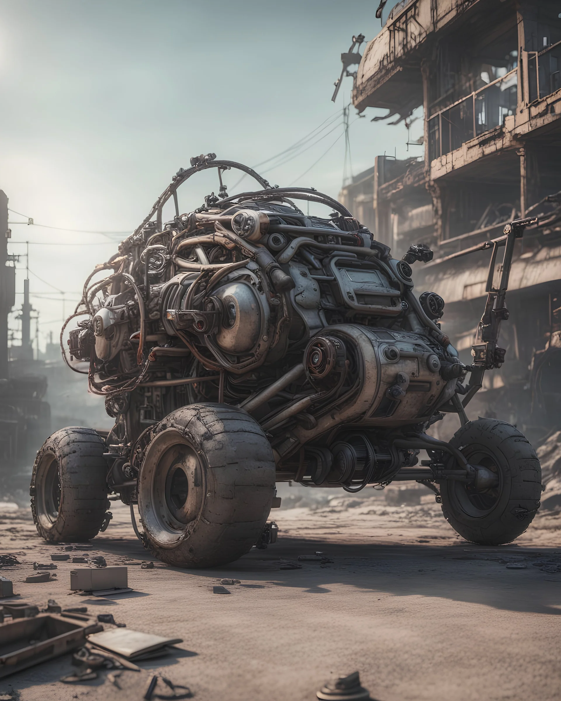 Futuristic gadget vehicle made with engine parts and wires dysoptia cyberage HAWKEN postapocalyptic dysoptia scene photorealistic uhd 8k VRAY highly detailed HDR