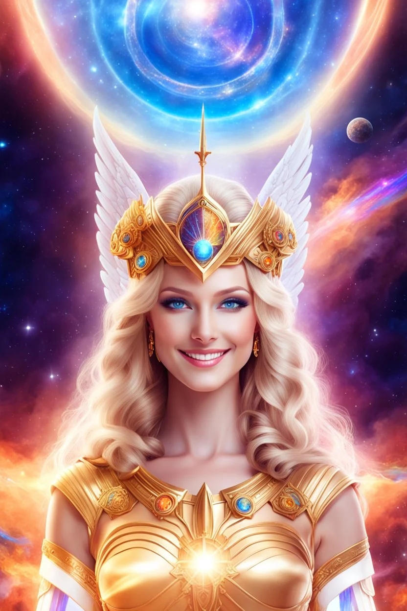 cosmic woman angels smile, admiral from the future, one fine whole face, crystalline skin, expressive blue eyes,rainbow, smiling lips, very nice smile, costume pleiadian, Beautiful tall woman pleiadian Galactic commander, ship, perfect datailed golden galactic suit, high rank, long blond hair, hand whit five perfect detailed finger, amazing big blue eyes, smilling mouth, high drfinition lips, cosmic happiness, bright colors, blue, pink, gold, jewels, realist, high commander,ufo rainbows