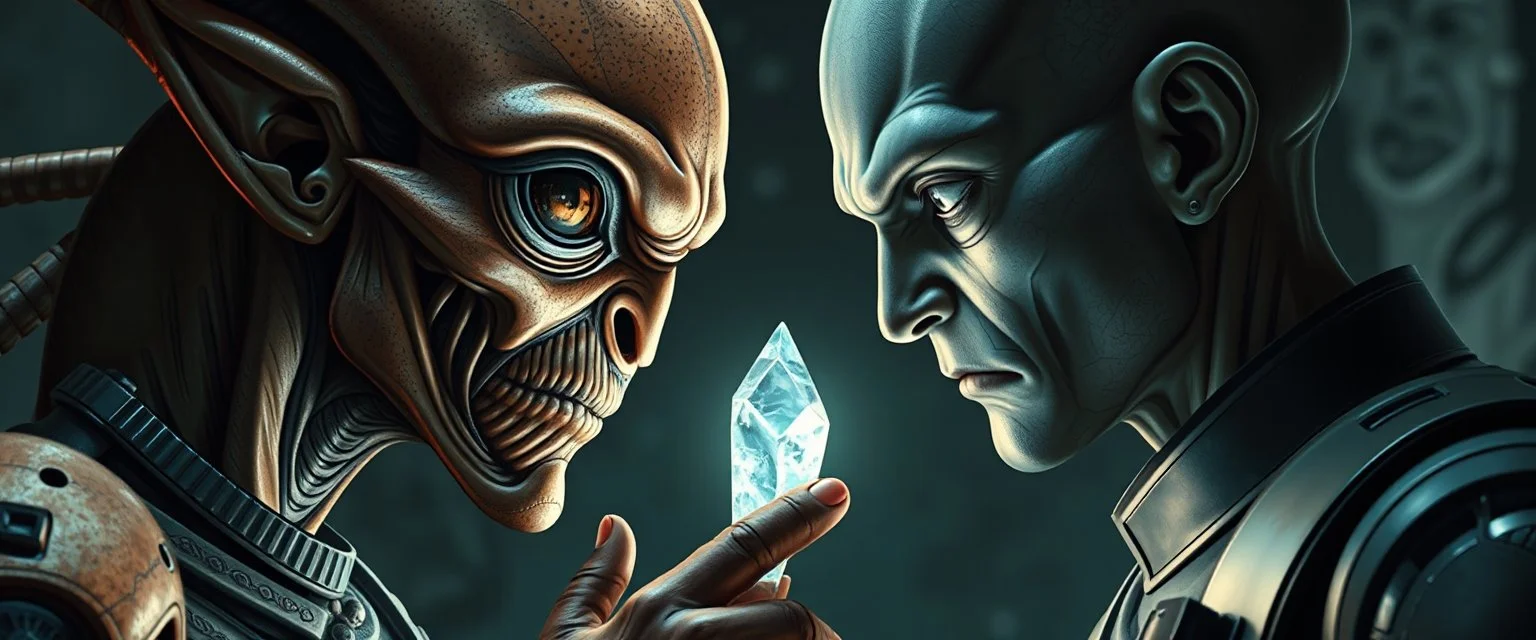family photo, Close-up confrontation between an ancient alien outcast leader synth and a space broker, standing only a meter apart, intense eye contact, glowing crystalline rod between them, anger mixed with sadness, dramatic facial expressions, shallow depth of field, cinematic lighting, stylized 3D anime, airbrush painting, crisp outlines, escher , rembrandt and hr giger