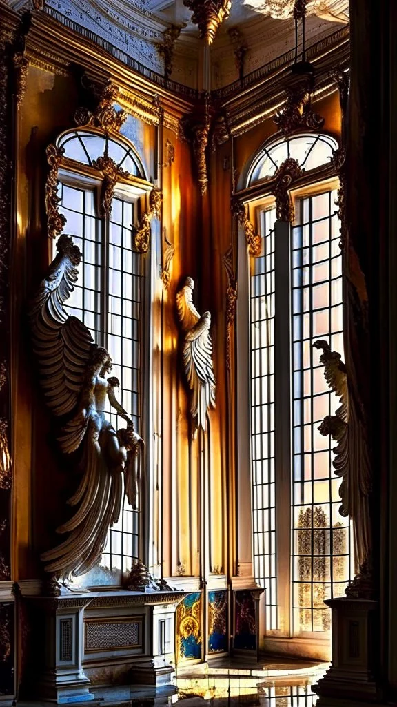 A beautiful image of the windows of the luxurious palace hall with two winged angel statues