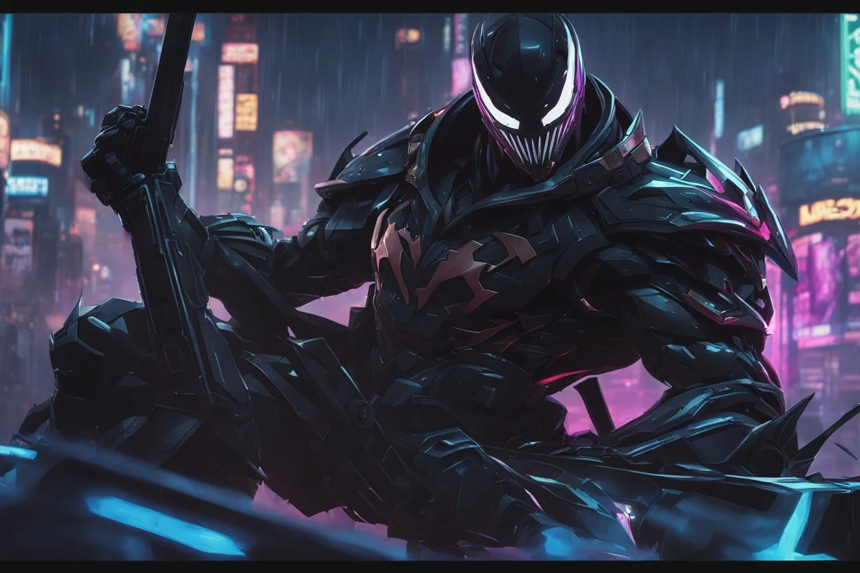 Venom Shredder machine in 8k solo leveling shadow artstyle, sombra them, close picture, rain, Shredder helmet, neon lights, intricate details, highly detailed, high details, detailed portrait, masterpiece,ultra detailed, ultra quality