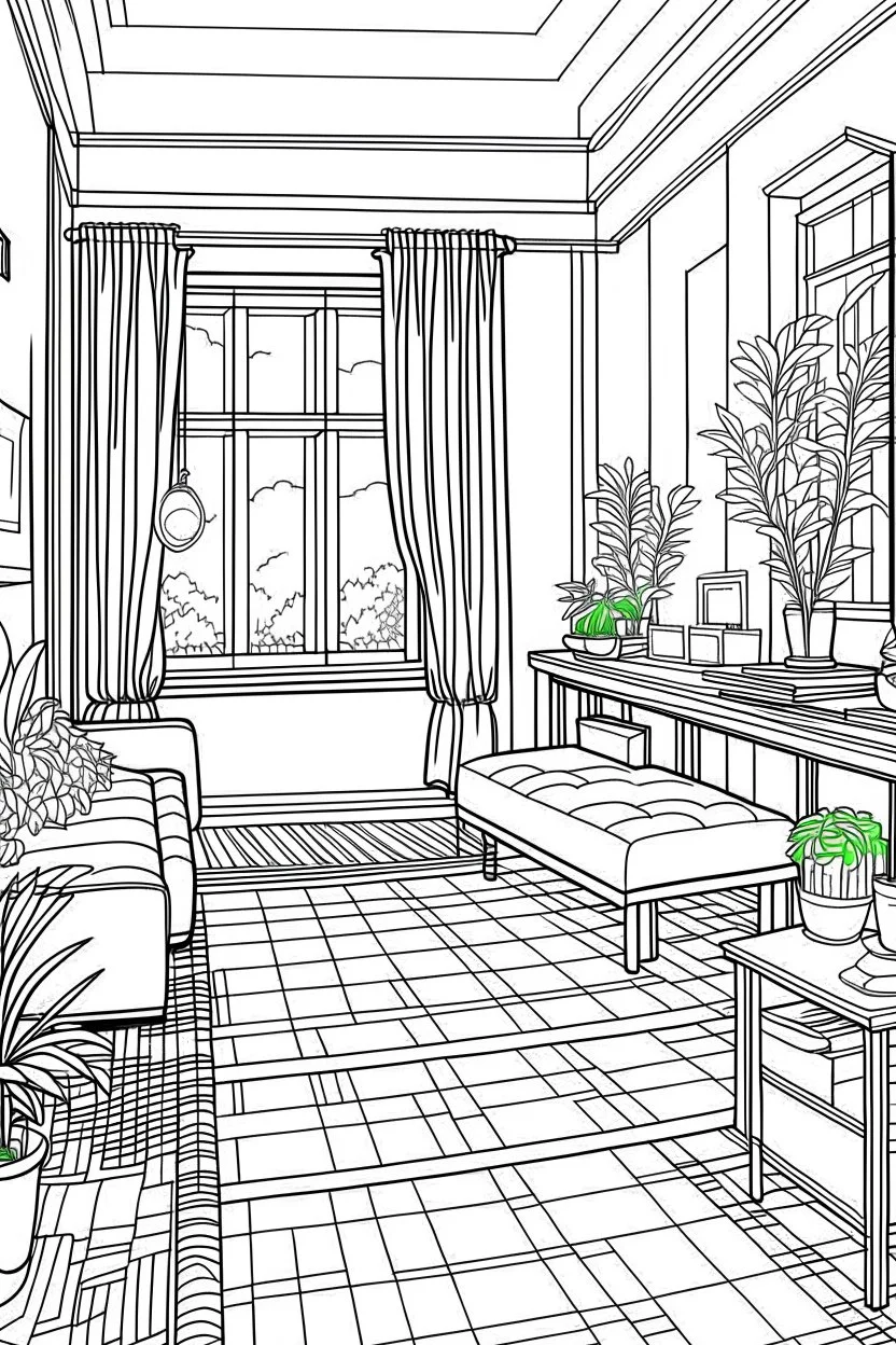 Plain floor Coloring book house interior design, no shading, no lines, cartoon style, --ar 9:11