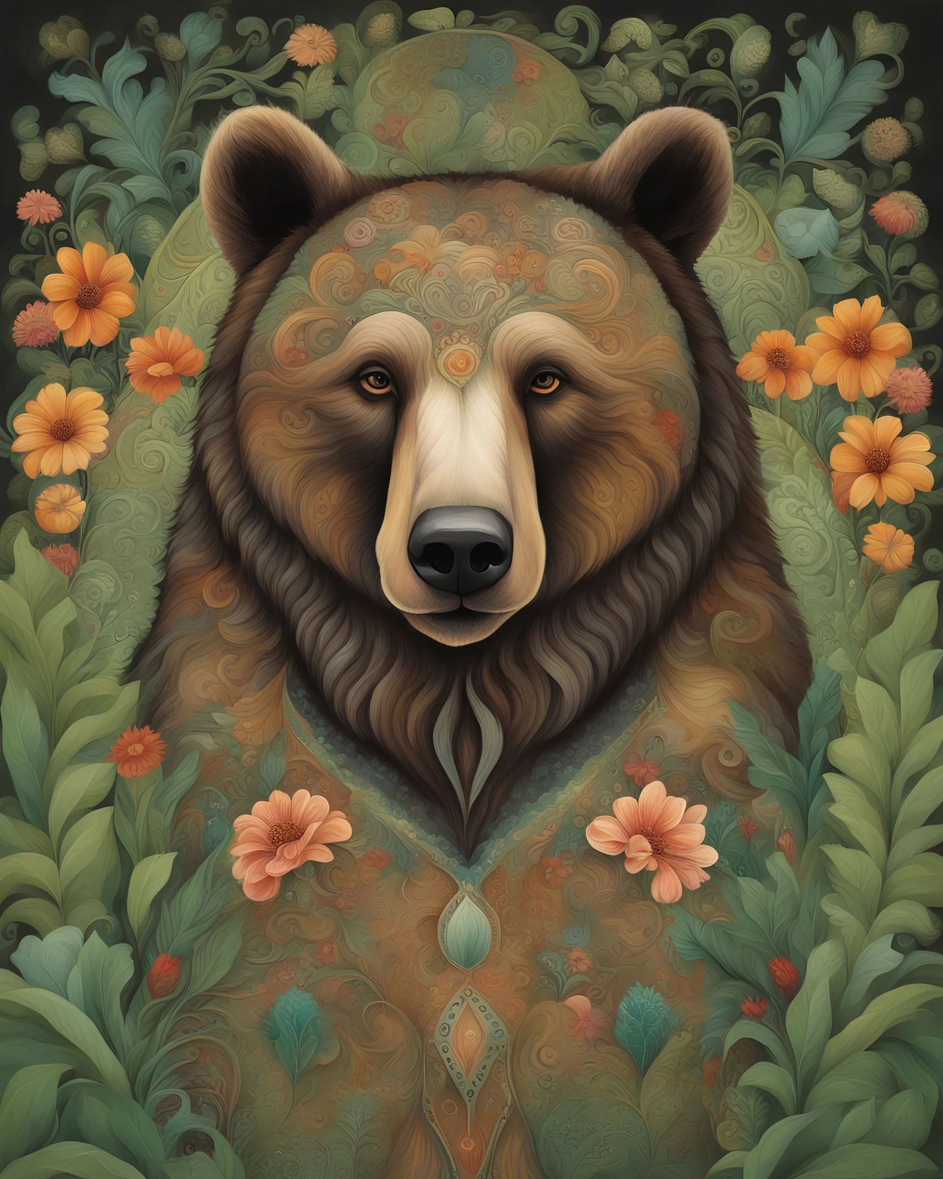 Captivating, vibrant painting of majestic bear, adorned with intricate motifs mixed with its fur. The coat is a fascinating combination of dark and light tones, with swirling patterns and lush floral motifs. Expressive eyes reveal the depth of your character and soul. Lush and green environment, surrounded by plants and flowers. The colors are a harmonious mix of earthy tones, with touches of orange, blue and white, creating a deep connection with nature