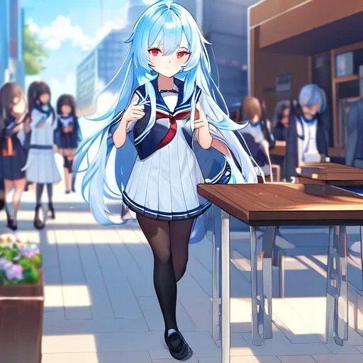 Clear focus, High resolution, long fluffy light blue hair, hair between eyes, long locks, wearing a sailor uniform, wearing a sailor skirt, long black socks, 1girl, cartoon, cute, UNFOTABLE studio, red tie, walking, outside setting