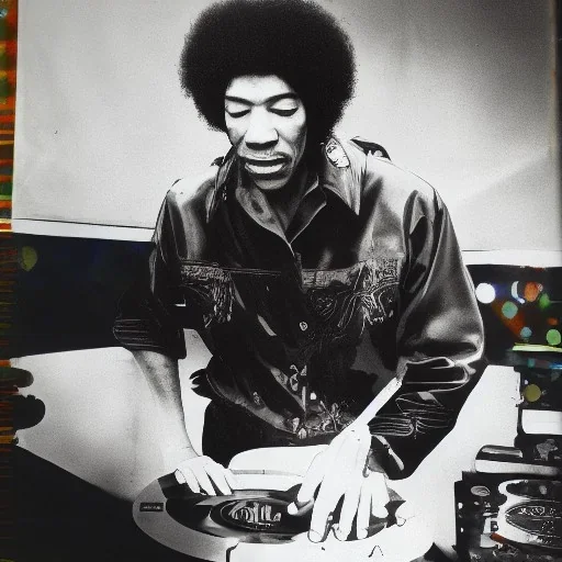 a realistic portrait of Jimi Hendrix at a turntable with headphones on being a DJ, vivid color, with sunglasses