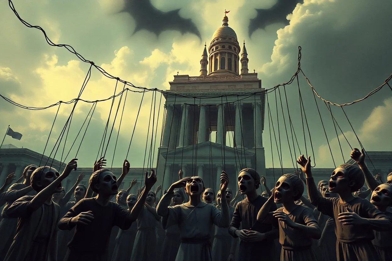 an evil government towers above, pulling the strings of puppets below, the news broadcasts the puppets' suffering everywhere, dystopian, dread, horror