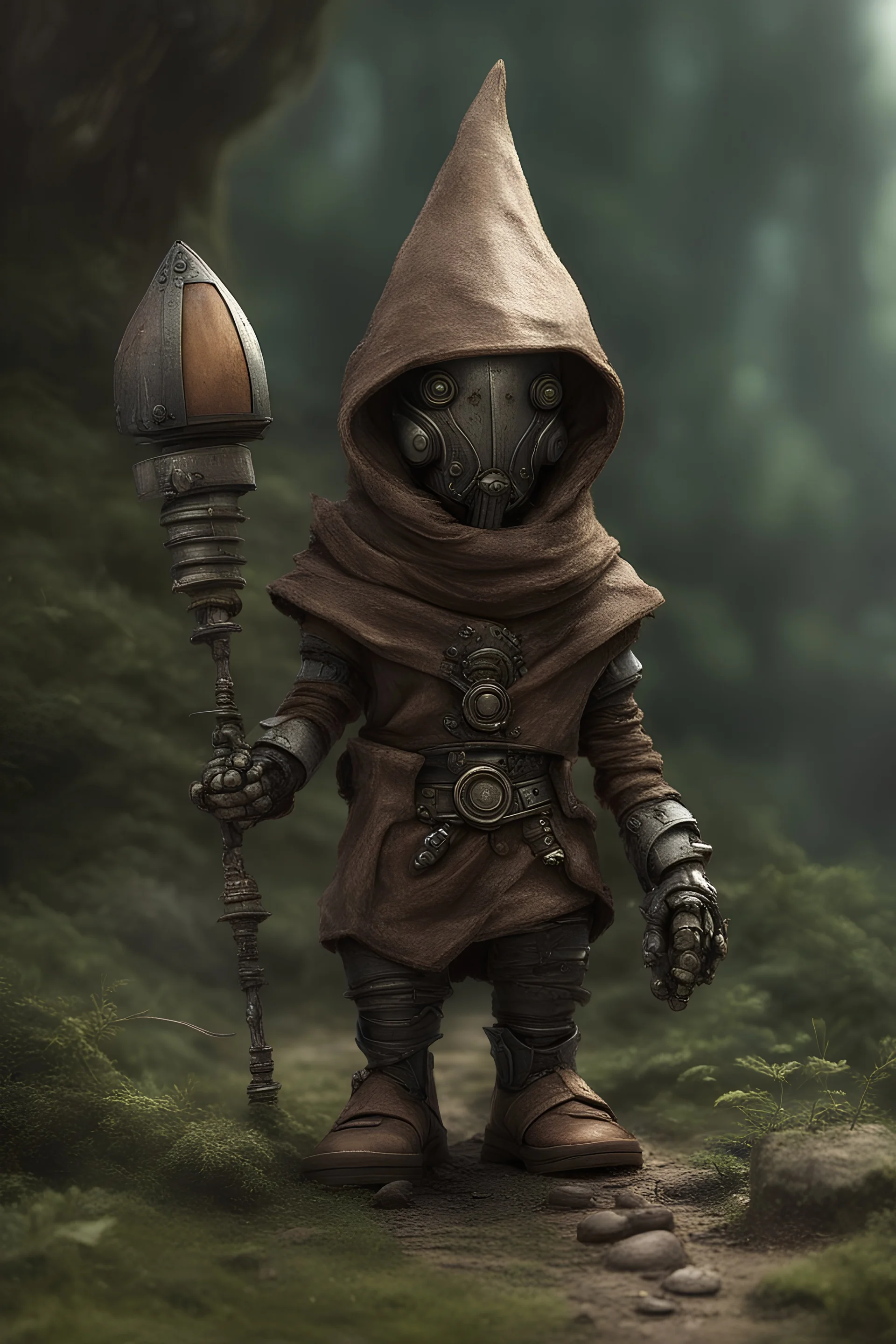 robot gnome, hooded, no beard, in a fantasy style