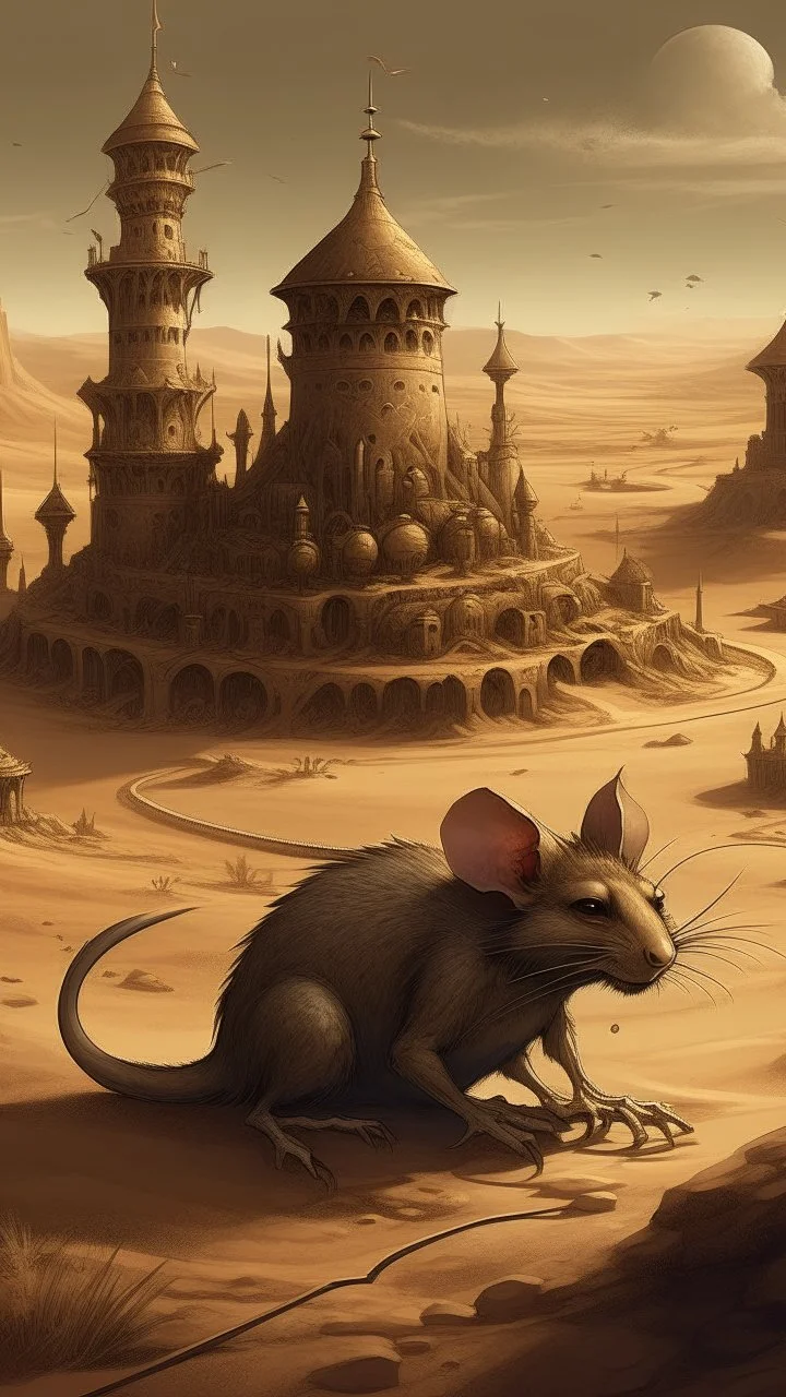 Rat in the forgotten desert in medieval times, in Bosch nightmares style