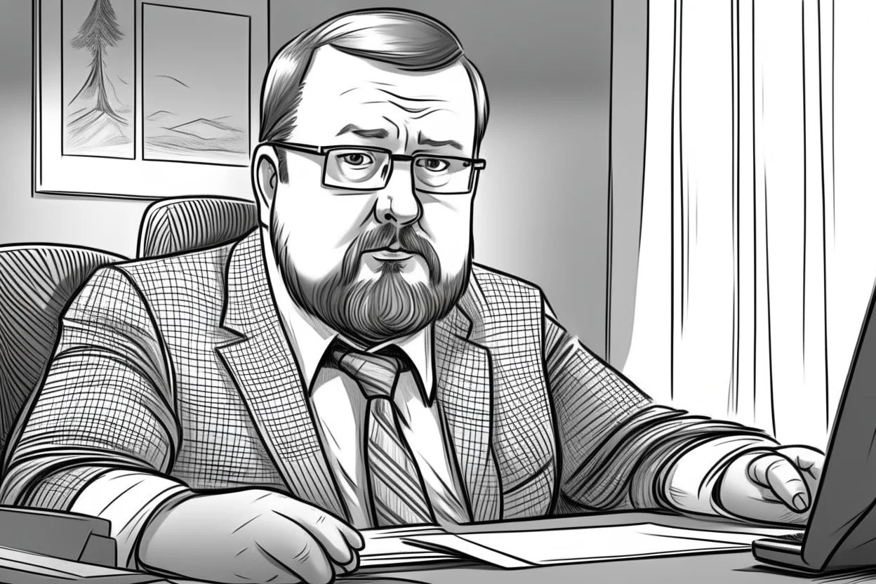 big russian man sitting at desk, portrait, speech, TV address, nametag, glasses, neck beard, short hair, mustache, suit, no tie; caricature style, sketch art; black and white; grayscale, pencil drawing