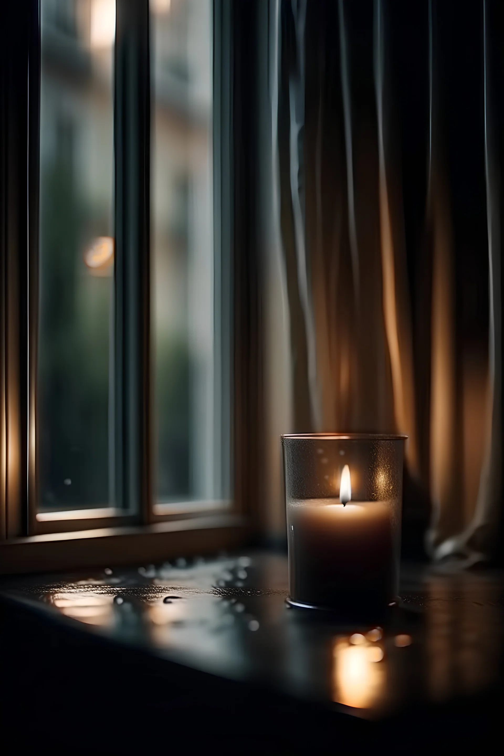 Water flows reflected in muted matte window with flickering blurred candle light illuminating it from behind, atmosphere is misty