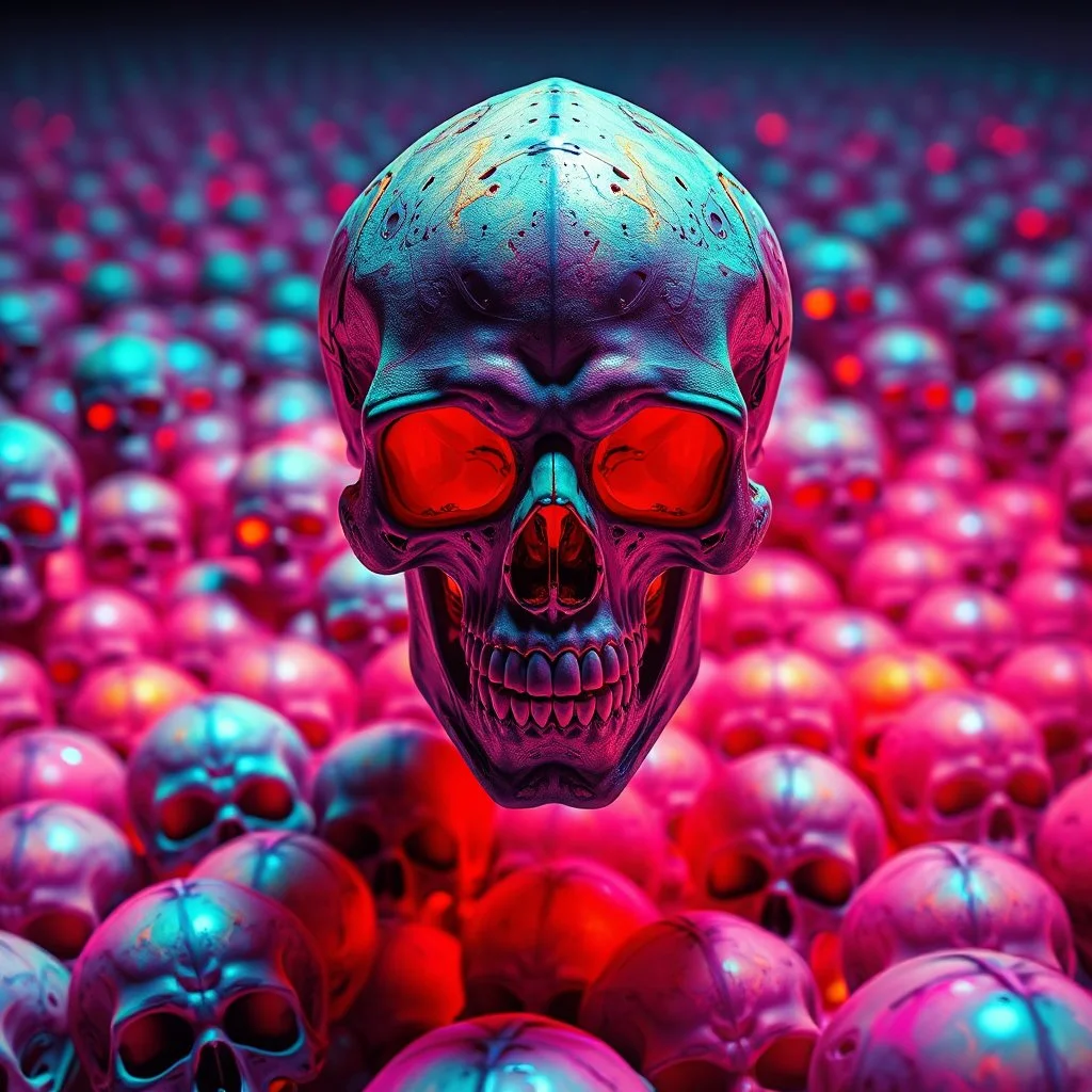 a field of 1000s of psychedelic psilocybin induced anatomically correct, skulls, vivid RANDOM BRIGHT neon colors, dark comedy, well lit, high detail, photorealistic, horrorcore, fun, scary, none featured, each a different color or hue, close to anatomically correctA MECHANICAL NON HUMAN SKULL AND DARK SLIMEY AND GIVING BIRTH SHARKS TEETH with a touch of H.R. Giger's biomechanical aesthetic. Hyperdetailed and rendered in 8k resolution, a true masterpiece. hyperdetailed intricately