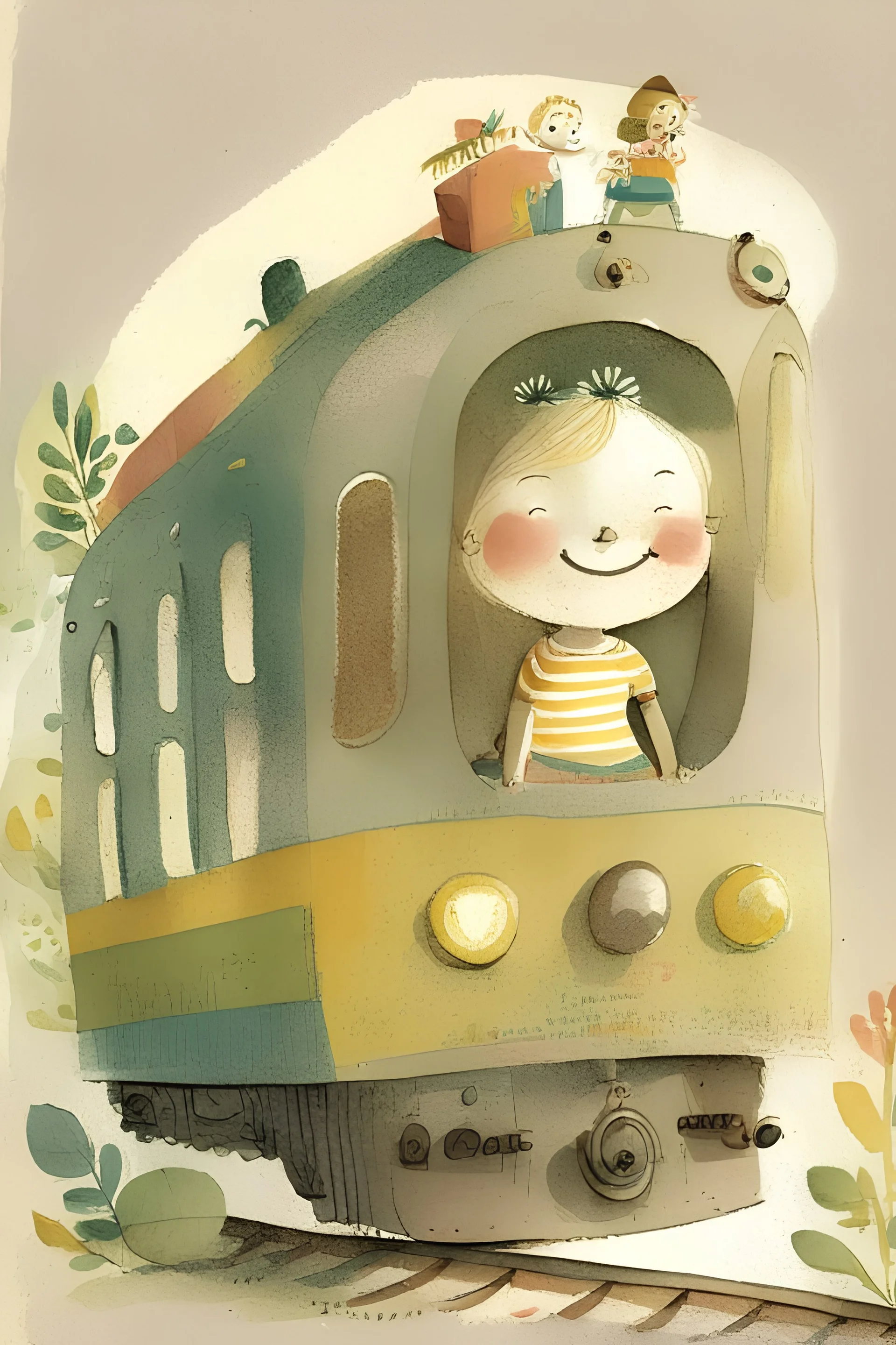 Illustrated children's book page, friendly, train