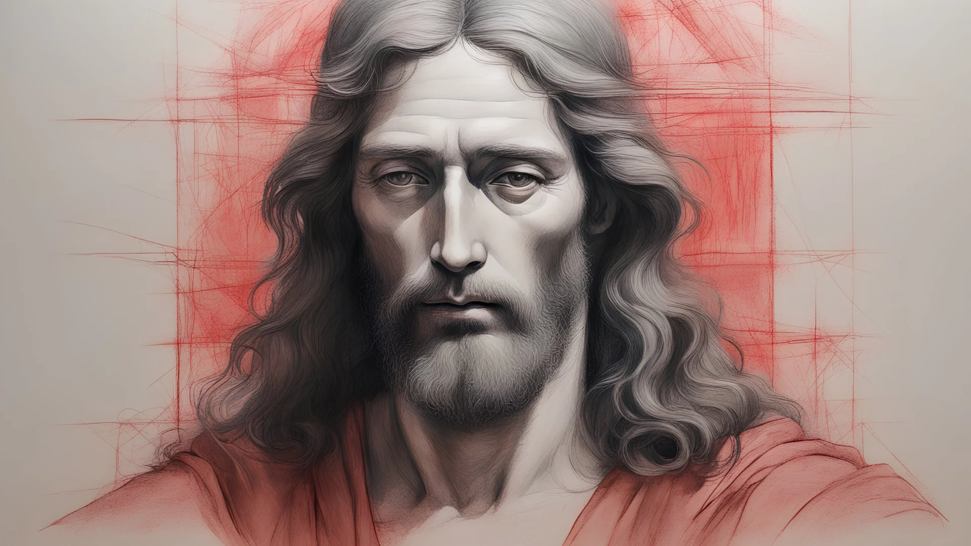 Jesus in the style of Leonardo da Vinci, silverpoint, pen and ink, black and red sanguine chalk, sfumato technique, KidsIllustration, cool environment, cool background, highly detailed, by Hajime Sorayama, by Henry Asenci, by (Quentin Blake:0,