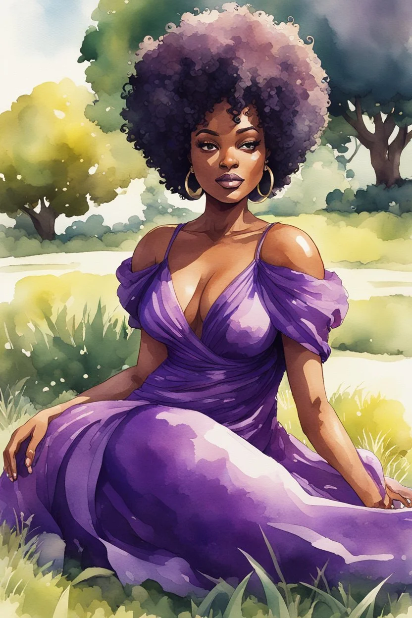 Afrofuturism watercolor image of a black female cartoon of a curvaceous woman with flowing of tight curly afro of black hair that's highly detailed, wearing a purple maxi dress. She sits relaxed on the grass facing the warm sunlight, which illuminates her face as she looks to the side with a small smile, accentuating her prominent makeup, lush lashes and brown eyes. with green and hot pink roses all around