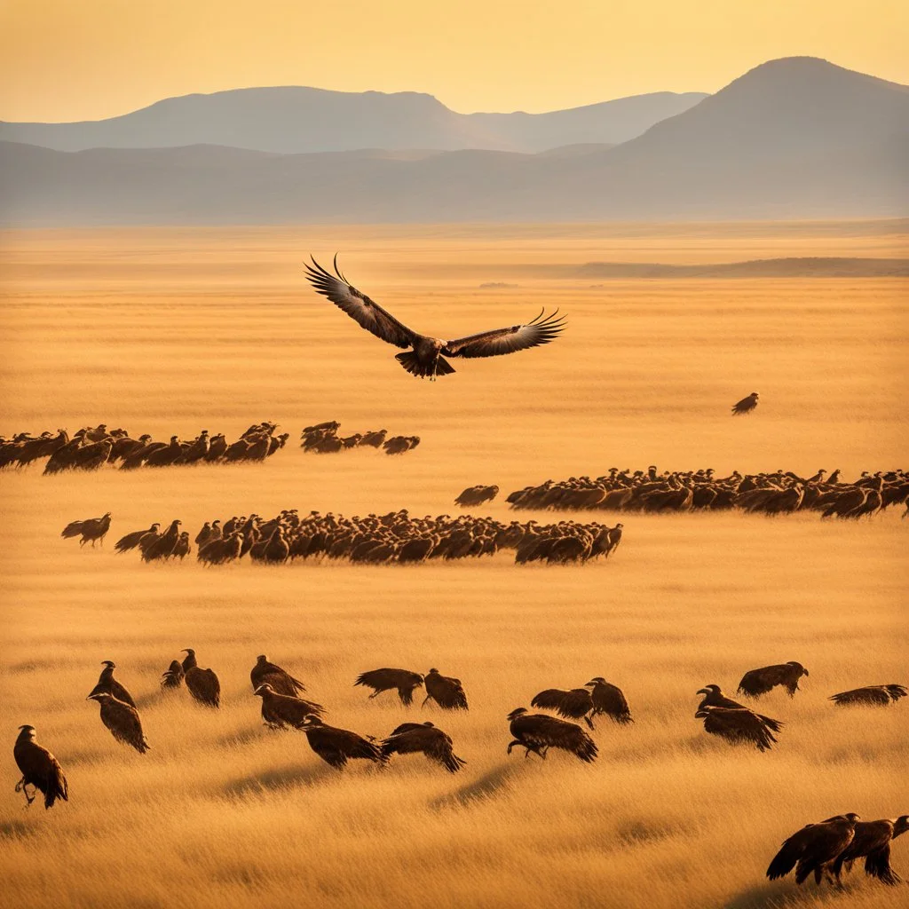 An image capturing the awe-inspiring sight of a magnificent golden eagle in flight, soaring gracefully over a sprawling landscape where a herd of impalas grazes peacefully below. The eagle's wings are outstretched, catching the sunlight and casting a majestic shadow over the savannah. This scene showcases the grandeur of both the eagle and the wild impalas in their natural habitat, creating a powerful and harmonious composition.