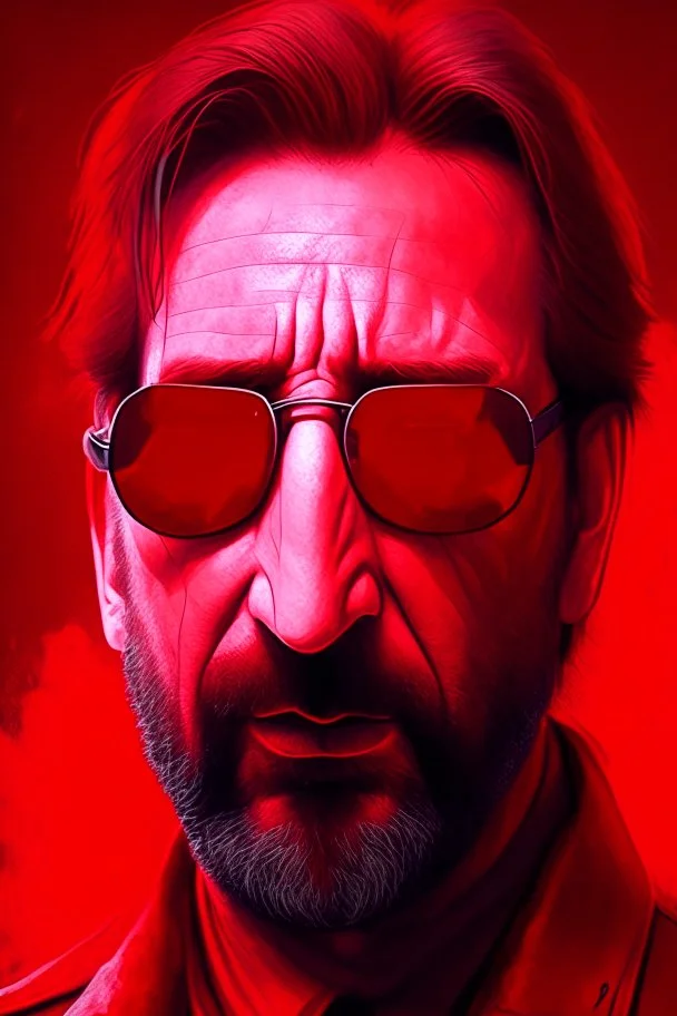 an intimidating disgusted and menacing looking Hans Gruber wearing red-tinted glasses